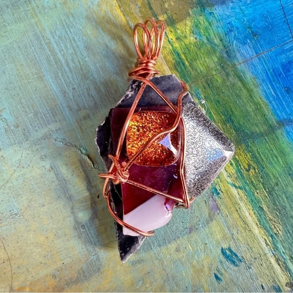 Artisan pendant necklace OOAK Handcrafted Wire-Wrapped Glass and Natural Stone